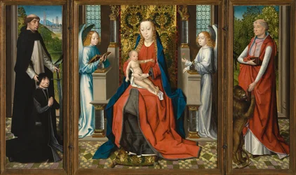 Triptychon der Madonna mit Kind und Engeln; Stifter und sein Schutzheiliger Petrus Martyr; und St. Hieronymus